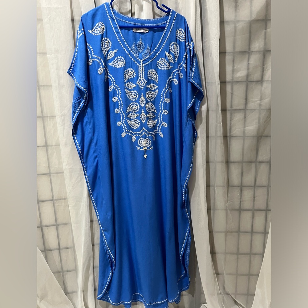 BACK FROM BALI Embroidered Royal Blue Caftan, SWIM SUIT COVER UP: ONE SIZE